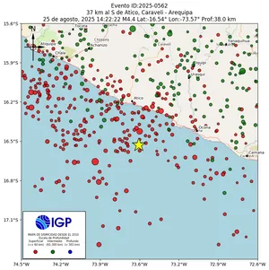 Mapa sísmico del sismo de magnitud 4.4 a 37 km al S de Atico, Caraveli - Arequipa, Perú