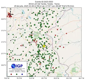 Mapa sísmico del sismo de magnitud 4.4 a 38 km al E de Tarata, Tarata - Tacna, Perú