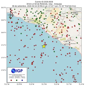 Mapa sísmico del sismo de magnitud 4.4 a 38 km al SO de Mollendo, Islay - Arequipa, Perú