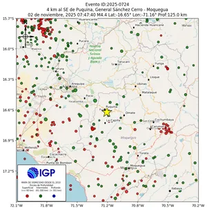 Mapa sísmico del sismo de magnitud 4.4 a 4 km al SE de Puquina, General Sánchez Cerro - Moquegua, Perú