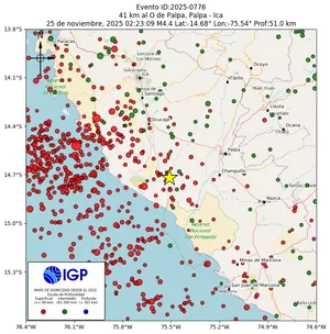Mapa sísmico del sismo de magnitud 4.4 a 41 km al O de Palpa, Palpa - Ica, Perú