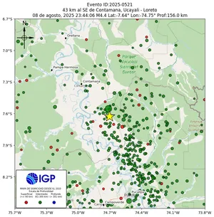 Mapa sísmico del sismo de magnitud 4.4 a 43 km al SE de Contamana, Ucayali - Loreto, Perú