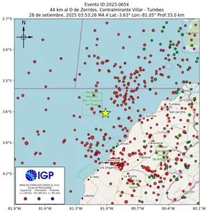 Mapa sísmico del sismo de magnitud 4.4 a 44 km al O de Zorritos, Contralmirante Villar - Tumbes, Perú