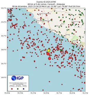 Mapa sísmico del sismo de magnitud 4.4 a 46 km al S de Lomas, Caravelí - Arequipa, Perú