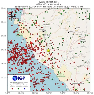 Mapa sísmico del sismo de magnitud 4.4 a 47 km al S de Ica, Ica - Ica, Perú