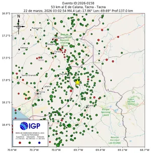 Mapa sísmico del sismo de magnitud 4.4 a 53 km al E de Calana, Tacna - Tacna, Perú