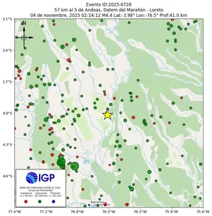 Mapa sísmico del sismo de magnitud 4.4 a 57 km al S de Andoas, Datem del Marañón - Loreto, Perú
