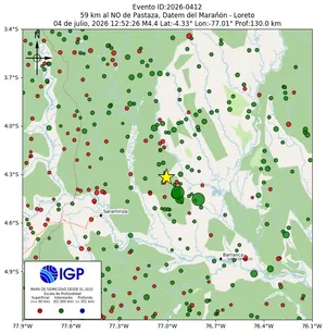 Mapa sísmico del sismo de magnitud 4.4 a 59 km al NO de Pastaza, Datem del Marañón - Loreto, Perú