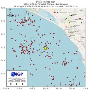 Mapa sísmico del sismo de magnitud 4.4 a 63 km al SO de Pimentel, Chiclayo - Lambayeque, Perú