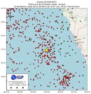 Mapa sísmico del sismo de magnitud 4.4 a 78 km al O de Chimbote, Santa - Áncash, Perú