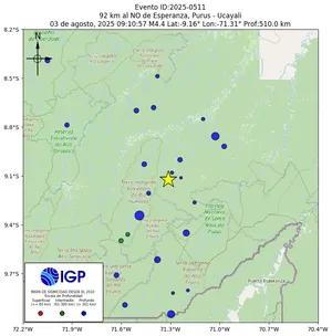 Mapa sísmico del sismo de magnitud 4.4 a 92 km al NO de Esperanza, Purus - Ucayali, Perú