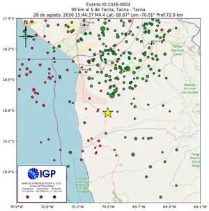 Mapa sísmico del sismo de magnitud 4.4 a 99 km al S de Tacna, Tacna - Tacna, Perú