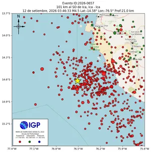 Mapa sísmico del sismo de magnitud 4.5 a 101 km al SO de Ica, Ica - Ica, Perú