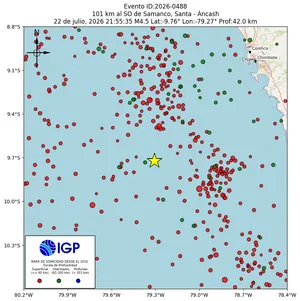 Mapa sísmico del sismo de magnitud 4.5 a 101 km al SO de Samanco, Santa - Áncash, Perú