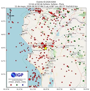 Mapa sísmico del sismo de magnitud 4.5 a 11 km al SO de Sullana, Sullana - Piura, Perú
