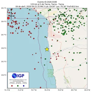 Mapa sísmico del sismo de magnitud 4.5 a 115 km al S de Tacna, Tacna - Tacna, Perú