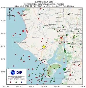Mapa sísmico del sismo de magnitud 4.5 a 132 km al N de Zarumilla, Zarumilla - Tumbes, Perú