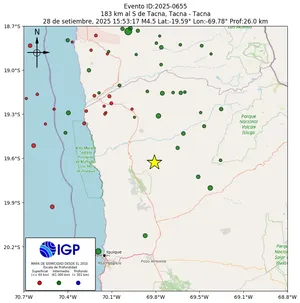 Mapa sísmico del sismo de magnitud 4.5 a 183 km al S de Tacna, Tacna - Tacna, Perú