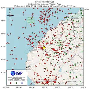 Mapa sísmico del sismo de magnitud 4.5 a 20 km al E de Máncora, Talara - Piura, Perú
