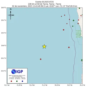 Mapa sísmico del sismo de magnitud 4.5 a 226 km al SO de Tacna, Tacna - Tacna, Perú