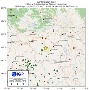 Mapa sísmico del sismo de magnitud 4.5 a 26 km al E de Lambrama, Abancay - Apurímac, Perú