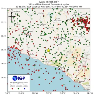 Mapa sísmico del sismo de magnitud 4.5 a 33 km al N de Camaná, Camaná - Arequipa, Perú