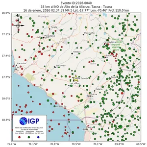 Mapa sísmico del sismo de magnitud 4.5 a 33 km al NO de Alto de la Alianza, Tacna - Tacna, Perú