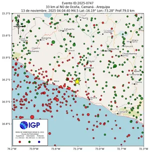 Mapa sísmico del sismo de magnitud 4.5 a 33 km al NO de Ocoña, Camaná - Arequipa, Perú