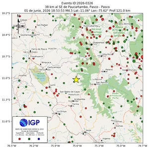 Mapa sísmico del sismo de magnitud 4.5 a 38 km al SE de Paucartambo, Pasco - Pasco, Perú