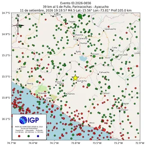 Mapa sísmico del sismo de magnitud 4.5 a 39 km al S de Pullo, Parinacochas - Ayacucho, Perú