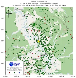Mapa sísmico del sismo de magnitud 4.5 a 43 km al N de Pucallpa, Coronel Portillo - Ucayali, Perú