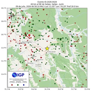 Mapa sísmico del sismo de magnitud 4.5 a 44 km al NE de Satipo, Satipo - Junín, Perú