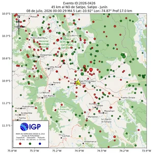 Mapa sísmico del sismo de magnitud 4.5 a 45 km al NO de Satipo, Satipo - Junín, Perú