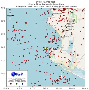 Mapa sísmico del sismo de magnitud 4.5 a 52 km al SO de Sechura, Sechura - Piura, Perú