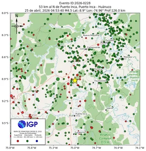 Mapa sísmico del sismo de magnitud 4.5 a 53 km al N de Puerto Inca, Puerto Inca - Huánuco, Perú