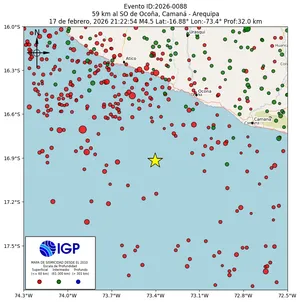 Mapa sísmico del sismo de magnitud 4.5 a 59 km al SO de Ocoña, Camaná - Arequipa, Perú