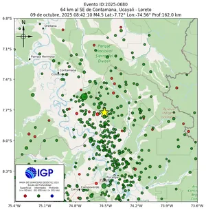 Mapa sísmico del sismo de magnitud 4.5 a 64 km al SE de Contamana, Ucayali - Loreto, Perú