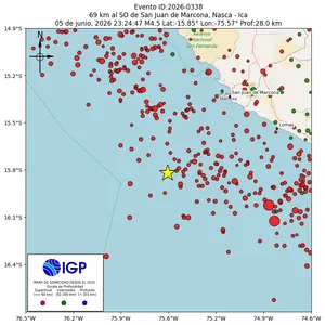 Mapa sísmico del sismo de magnitud 4.5 a 69 km al SO de San Juan de Marcona, Nasca - Ica, Perú