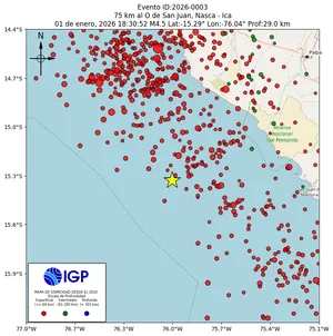 Mapa sísmico del sismo de magnitud 4.5 a 75 km al O de San Juan, Nasca - Ica, Perú