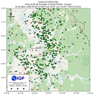 Mapa sísmico del sismo de magnitud 4.5 a 8 km al NE de Pucallpa, Coronel Portillo - Ucayali, Perú