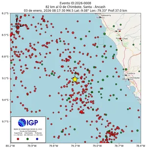 Mapa sísmico del sismo de magnitud 4.5 a 82 km al O de Chimbote, Santa - Áncash, Perú