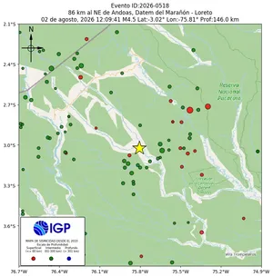 Mapa sísmico del sismo de magnitud 4.5 a 86 km al NE de Andoas, Datem del Marañón - Loreto, Perú