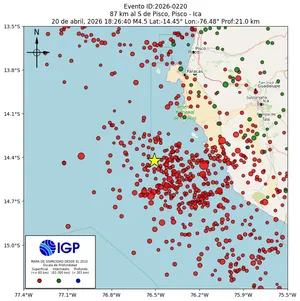 Mapa sísmico del sismo de magnitud 4.5 a 87 km al S de Pisco, Pisco - Ica, Perú