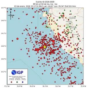 Mapa sísmico del sismo de magnitud 4.5 a 89 km al SO de Ica, Ica - Ica, Perú