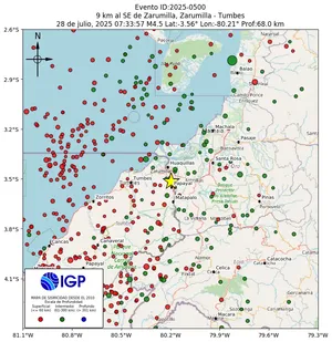 Mapa sísmico del sismo de magnitud 4.5 a 9 km al SE de Zarumilla, Zarumilla - Tumbes, Perú