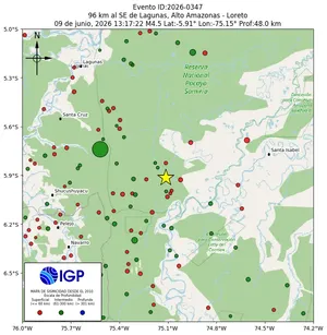 Mapa sísmico del sismo de magnitud 4.5 a 96 km al SE de Lagunas, Alto Amazonas - Loreto, Perú