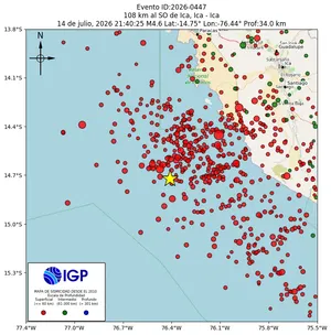 Mapa sísmico del sismo de magnitud 4.6 a 108 km al SO de Ica, Ica - Ica, Perú