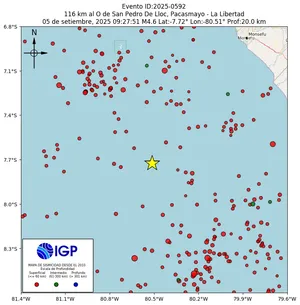 Mapa sísmico del sismo de magnitud 4.6 a 116 km al O de San Pedro De Lloc, Pacasmayo - La Libertad, Perú