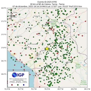Mapa sísmico del sismo de magnitud 4.6 a 18 km al NE de Calana, Tacna - Tacna, Perú