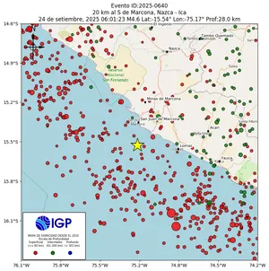 Mapa sísmico del sismo de magnitud 4.6 a 20 km al S de Marcona, Nazca - Ica, Perú